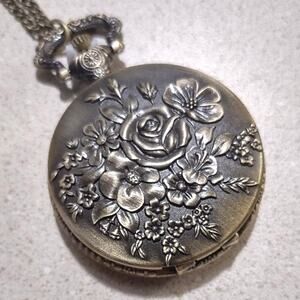 Gold Rose Roses Pocket Watch Necklace Christmas Birthday Anniversary Gift - NEW